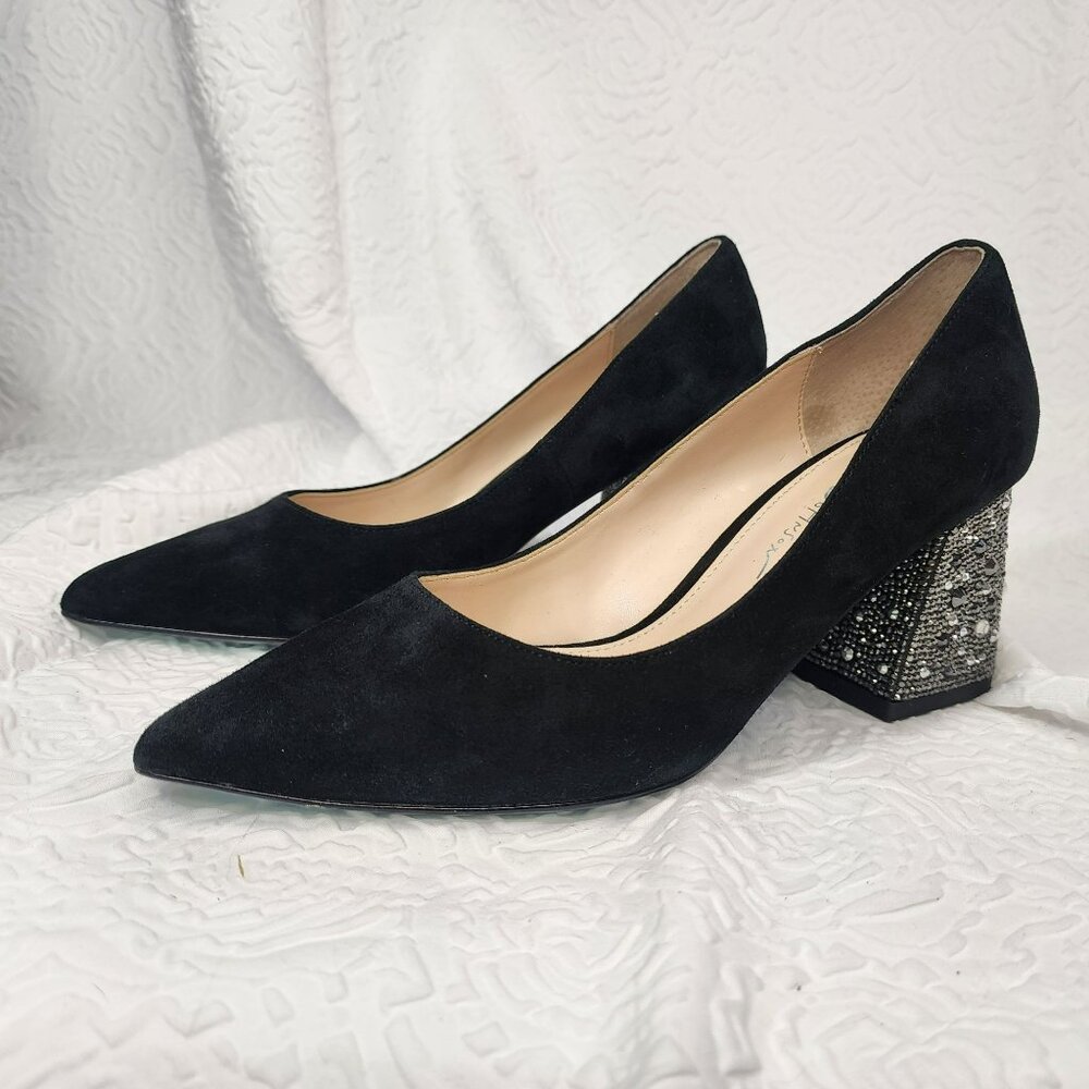 Betsy Johnson Women's Black Suede silver rhinestone chunky heel pump size 6.5